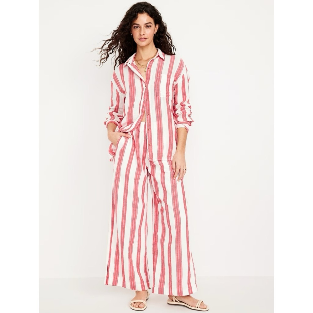 Old Navy Crinkle Gauze Button-Down Shirt High-Waisted Wide-Leg Pants Red Stripe